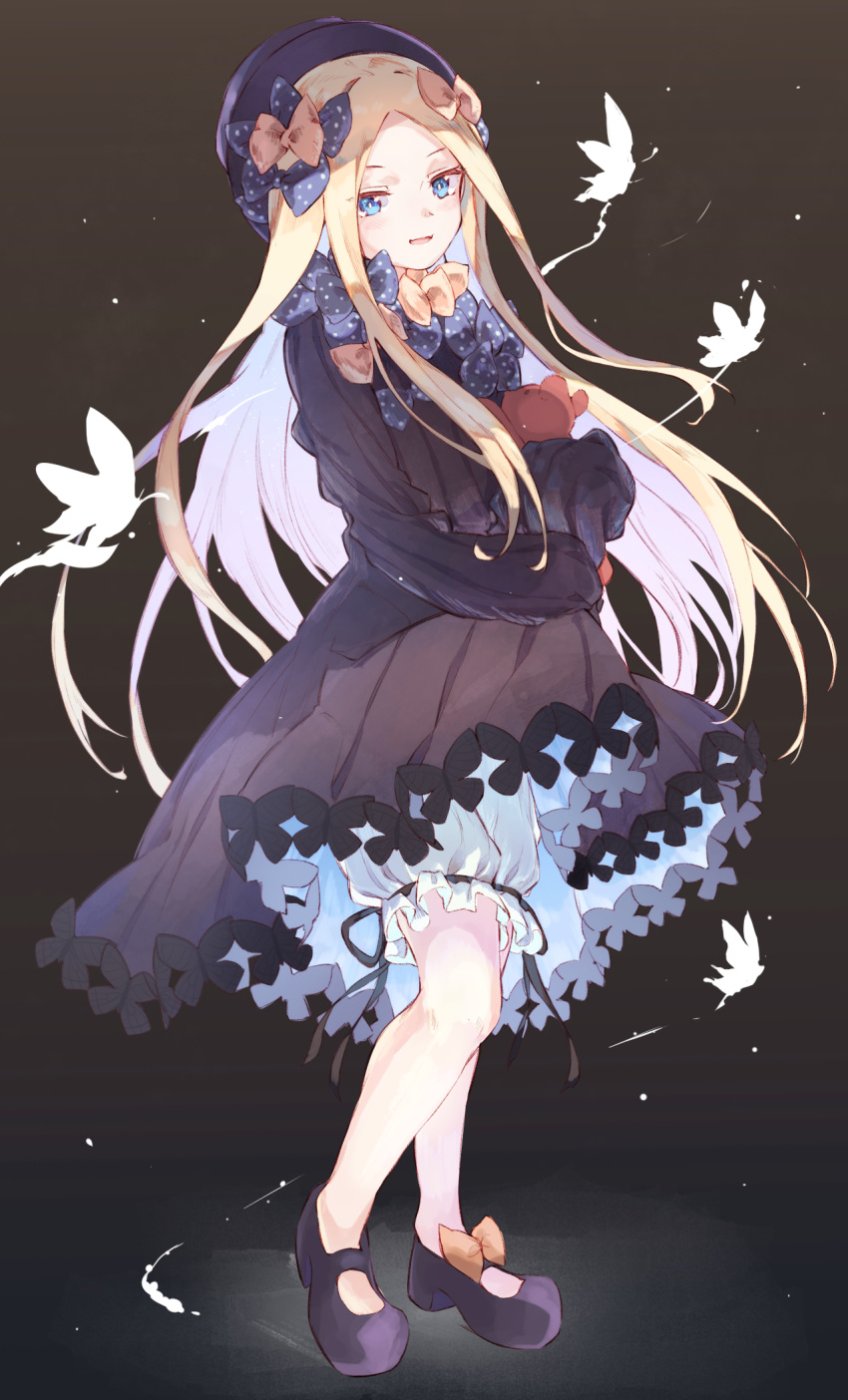1girl abigail_williams_(fate/grand_order) bangs black_bow black_dress black_footwear black_headwear blonde_hair blue_eyes blush bow breasts bug butterfly dress fate/grand_order fate_(series) forehead full_body hair_bow hat highres insect long_hair looking_at_viewer multiple_bows open_mouth orange_bow parted_bangs polka_dot polka_dot_bow ribbed_dress sleeves_past_fingers sleeves_past_wrists small_breasts smile stuffed_animal stuffed_toy tamiku_(shisyamo609) teddy_bear white_bloomers