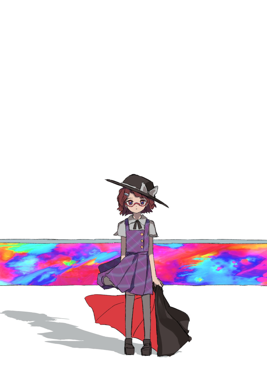 1girl absurdres bangs bow brown_hair cloak fedora glasses hat highres looking_at_viewer low_twintails neruzou plaid plaid_skirt plaid_vest purple_skirt purple_vest red-framed_eyewear school_uniform shoes short_hair skirt solo standing thigh-highs touhou twintails usami_sumireko vest white_legwear