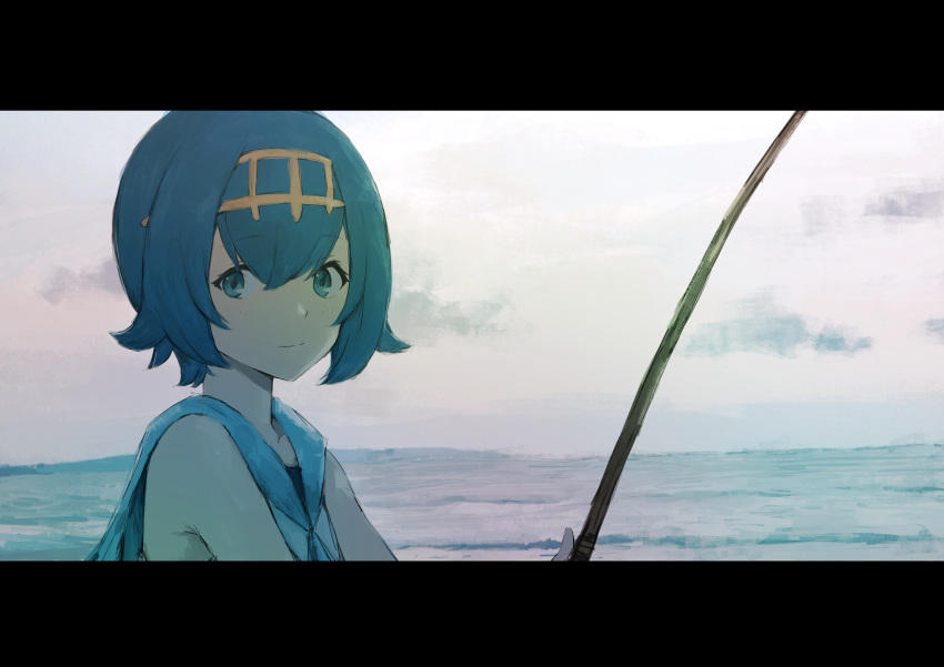 1girl absurdres aqua_eyes bangs blue_hair closed_mouth clouds commentary day eyebrows_visible_through_hair eyelashes fishing_rod gold_hairband highres holding holding_fishing_rod melon_syrup outdoors pokemon pokemon_(game) pokemon_sm short_hair sky solo suiren_(pokemon) water