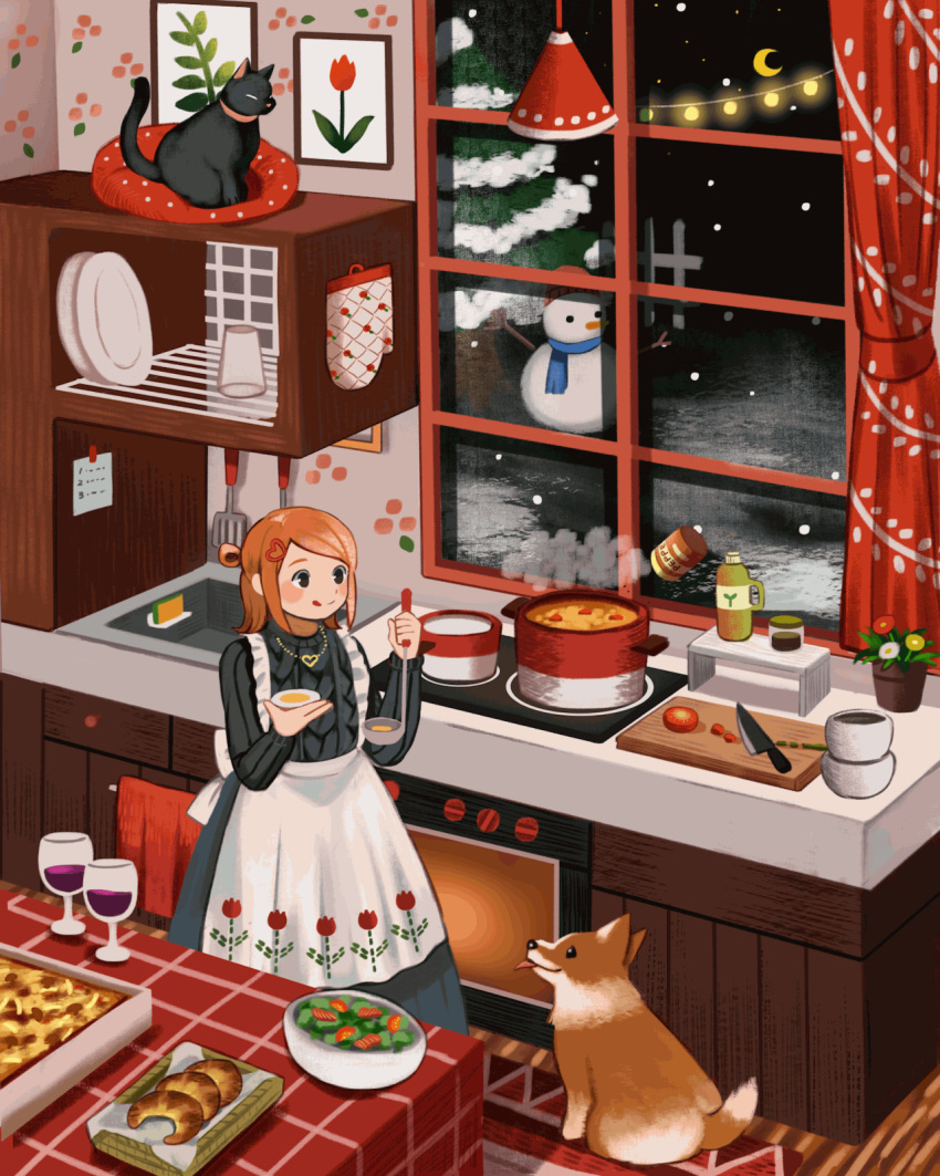 1girl :q animal animated animated_gif apron black_cat black_dress black_eyes blinking boiling bottle bowl brown_hair cabinet cat cooking counter crescent_moon croissant cup cupboard curtains cushion cutting_board dated_commentary dog dress drinking_glass english_commentary fence floating floral_print food hair_ornament hairclip heart heart_hair_ornament heart_necklace highres holding indoors kitchen kitchen_knife ladle levitation magic mittens mituhati moon night note original painting_(object) pie pine_tree plant polka_dot pot potted_plant print_apron rug salad salad_bowl salt_shaker sauce sink smile snowing snowman soup spatula standing steam stove string_of_light_bulbs tail tail_wagging tasting tomato tongue tongue_out tree twintails wallpaper_(object) white_apron window wine_glass wooden_floor