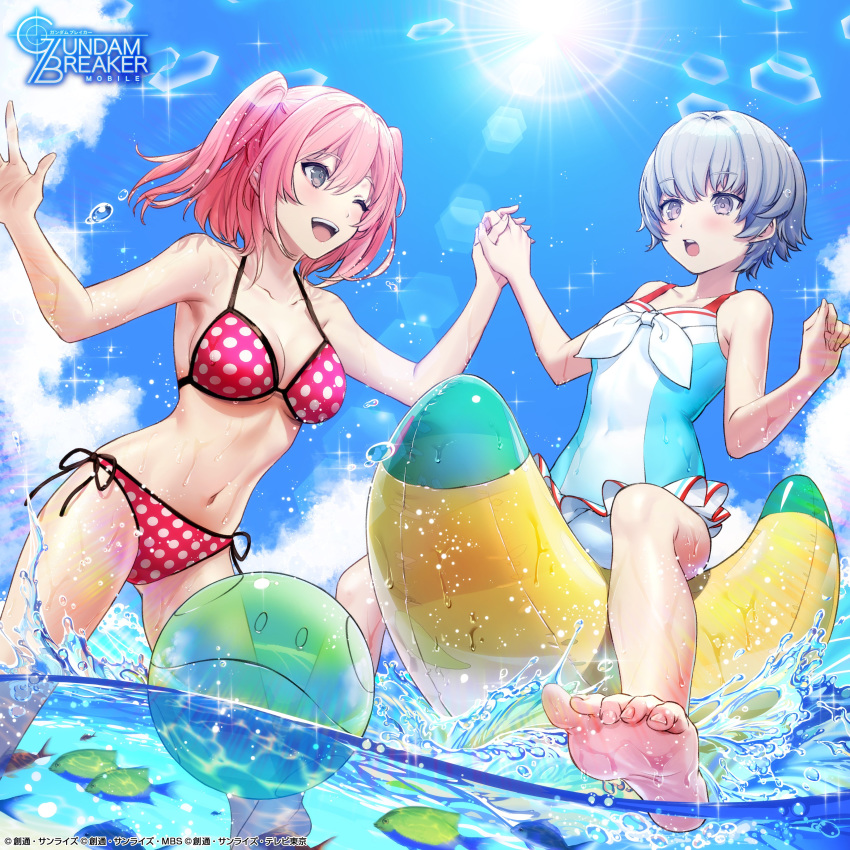 2girls absurdres artist_request banana_boat bare_arms bare_shoulders barefoot bikini blue_sky clouds commentary_request day fish green_hair gundam_breaker_mobile highres holding_hands interlocked_fingers kotomori_ren lens_flare miyama_sana multiple_girls navel official_art one-piece_swimsuit one_eye_closed open_mouth outdoors pink_bikini pink_hair polka_dot polka_dot_bikini short_hair sky sun sunlight swimsuit two_side_up wading water wet