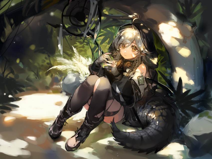 1girl ahoge arknights bangs bare_shoulders black_legwear boots braid brown_eyes ciloranko closed_mouth commentary_request crocodilian_tail day eyebrows_visible_through_hair eyes_visible_through_hair full_body gloves grey_footwear grey_gloves grey_hair hair_between_eyes half_gloves highres hood hood_up large_tail long_hair long_sleeves looking_at_viewer plant pointy_ears shadow sitting solo sunlight tail thigh-highs tomimi_(arknights) torn_clothes torn_legwear tree