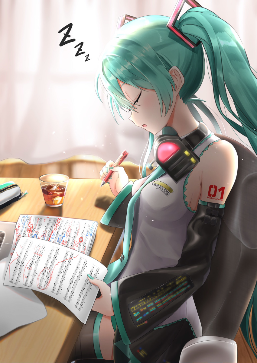 1girl aqua_eyes aqua_hair aqua_nails aqua_neckwear bag bare_shoulders black_legwear black_skirt black_sleeves chair commentary curtains detached_sleeves from_side glass grey_shirt hair_ornament hatsune_miku headphones headphones_around_neck headset highres holding holding_paper holding_pen itogari long_hair miniskirt nail_polish necktie open_mouth paper pen pleated_skirt sheet_music shirt shoulder_tattoo sitting skirt sleeping sleeping_upright sleeveless sleeveless_shirt solo table tattoo thigh-highs twintails very_long_hair vocaloid zettai_ryouiki zzz