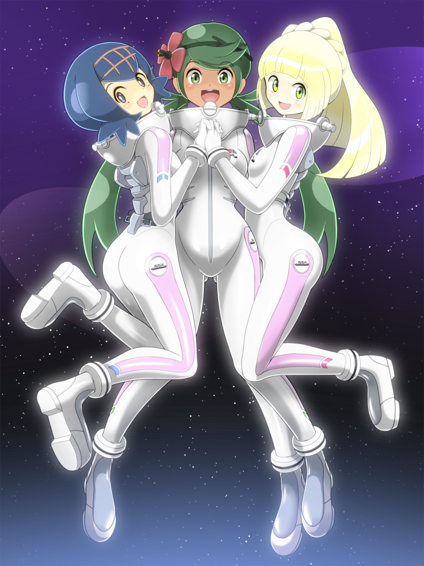 3girls :d absurdres ass bangs blonde_hair blue_eyes blue_hair blush braid breasts commentary_request eyebrows_visible_through_hair flower glowing gold_hairband green_eyes green_hair hair_flower hair_ornament hairband highres holding_hands lillie_(pokemon) long_hair looking_at_viewer mallow_(pokemon) multiple_girls open_mouth pokemon pokemon_(anime) pokemon_sm_(anime) ponytail shiny shiny_hair short_hair shoukin500 smile space spacesuit star_(sky) suiren_(pokemon) swept_bangs teeth tongue twintails