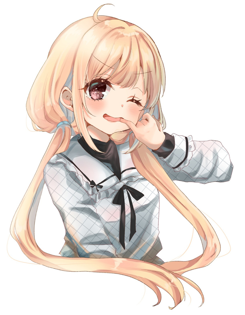 1girl ahoge bangs black_bow blonde_hair blush bow brown_eyes commentary_request cropped_torso eyebrows_visible_through_hair finger_in_mouth frilled_sailor_collar frills futaba_anzu grey_shirt highres idolmaster idolmaster_cinderella_girls idolmaster_cinderella_girls_starlight_stage long_hair long_sleeves low_twintails one_eye_closed open_mouth rino_cnc sailor_collar shirt simple_background solo twintails upper_body v-shaped_eyebrows very_long_hair white_background white_sailor_collar