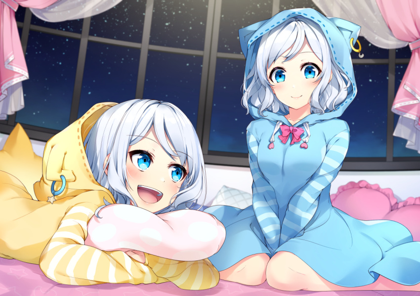 1girl 2girls :d animal_ears animal_hood bangs bed between_legs blue_eyes blush bon_(bonbon315) bow cat_ears cat_hood collarbone commentary_request curtains earrings fake_animal_ears frilled_pillow frills grey_hair hand_between_legs heart heart_pillow hood hood_up indoors jewelry long_sleeves looking_at_viewer lying medium_hair multiple_girls night night_sky on_bed on_stomach open_mouth original pajamas pillow pink_bow siblings silver_hair sisters sitting sky smile solo star_(sky) starry_sky striped striped_sleeves twins wariza white_hair window