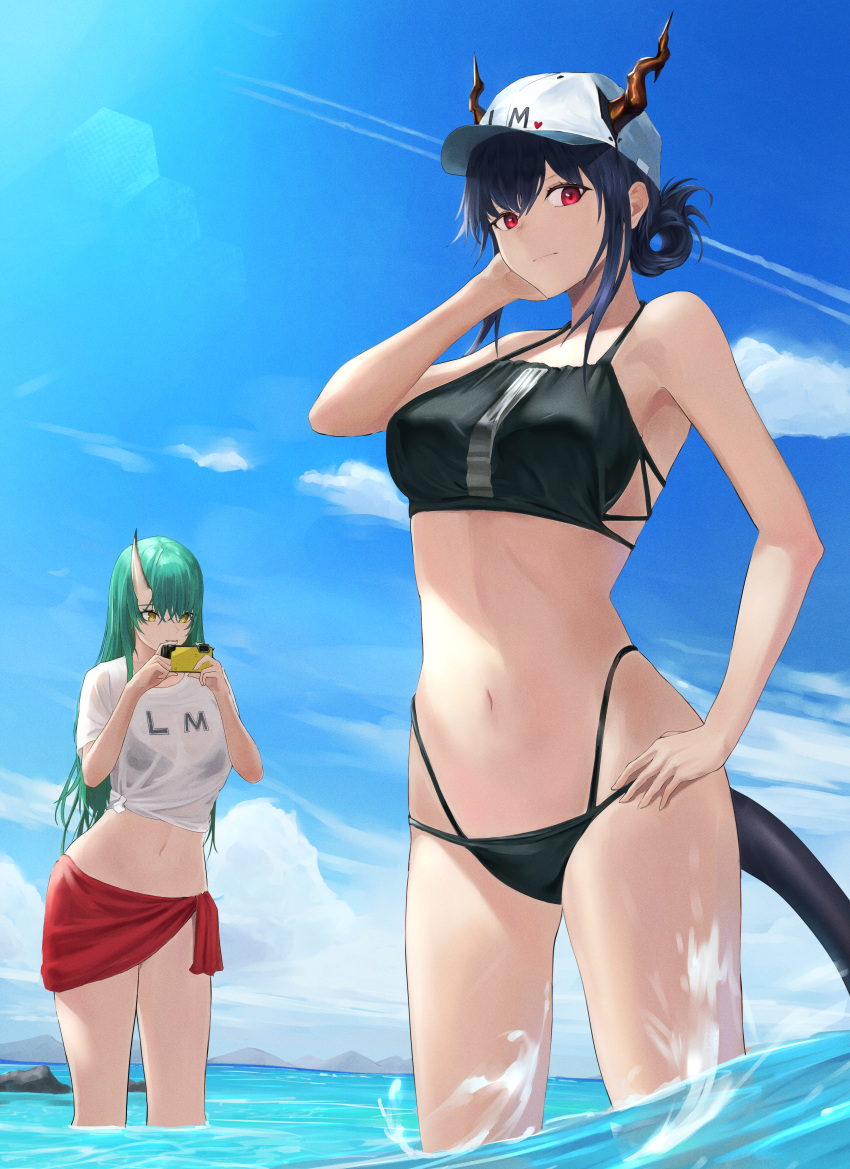 2girls absurdres arknights bangs bare_arms bare_shoulders baseball_cap blue_hair blue_sky breasts cellphone ch'en_(arknights) clouds commentary_request cowboy_shot crop_top day dragon_horns green_hair hand_on_hip hand_up hat highres holding holding_phone horns horns_through_headwear hoshiguma_(arknights) huge_filesize long_hair medium_breasts midriff multiple_girls navel phone red_eyes ritta_(abmnoworld) sarong shirt single_horn sky smartphone standing stomach thighs tied_shirt wading water yellow_eyes