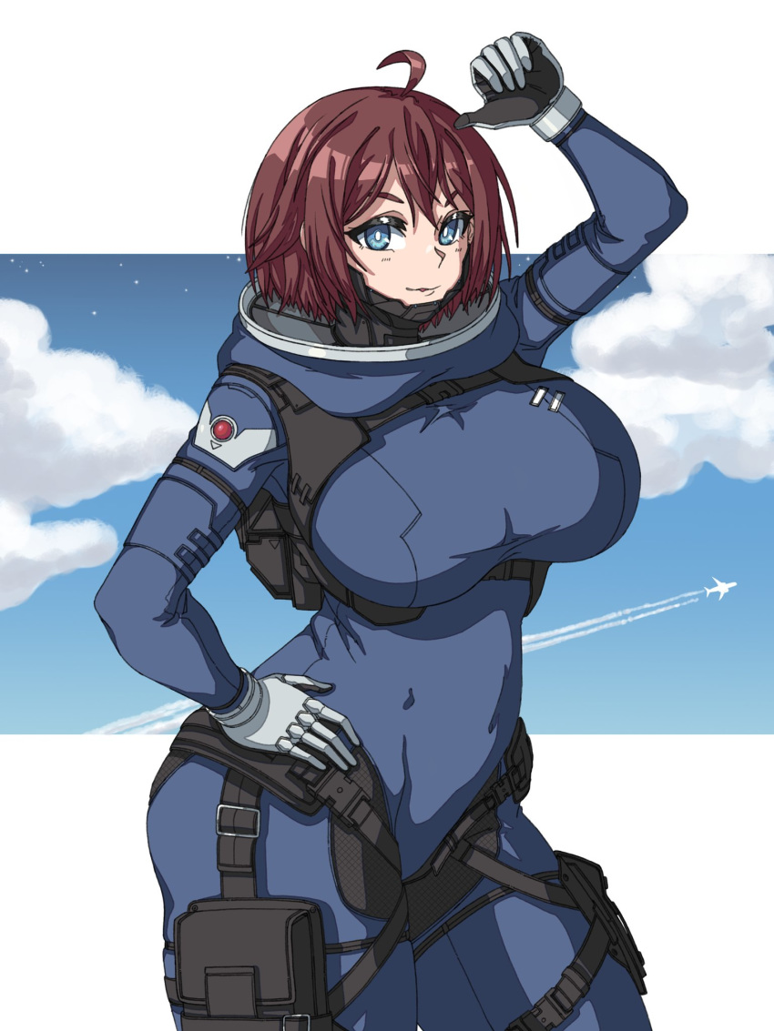 1girl blue_eyes breasts brown_hair brups_tv cowlick hand_on_hip highres large_breasts looking_at_viewer original short_hair solo spacesuit