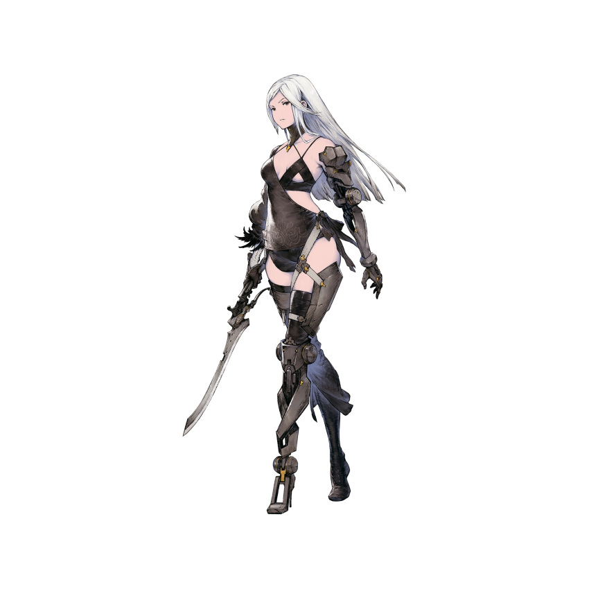 1girl asymmetrical_clothes bangs black_footwear black_gloves boots breasts character_request detached_sleeves feather-trimmed_sleeves full_body gloves gorget high_heel_boots high_heels highres holding holding_sword holding_weapon long_hair long_legs looking_at_viewer mechanical_arm mechanical_leg mechanical_parts medium_breasts nier_(series) nier_reincarnation official_art prosthesis prosthetic_arm prosthetic_leg short_sword silver_hair single_detached_sleeve single_glove single_thigh_boot solo spaghetti_strap stiletto_heels straight_hair swept_bangs sword under_boob weapon white_background yoshida_akihiko
