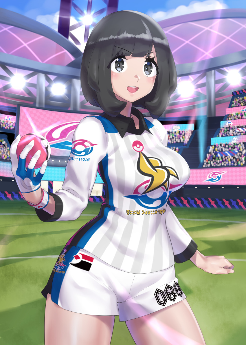 1girl absurdres bangs black_hair blush clouds commentary_request day dynamax_band eyebrows_visible_through_hair eyelashes glint gloves grass grey_eyes hand_up highres holding holding_poke_ball light mizuki_(pokemon) mizuumi_(bb) number open_mouth poke_ball poke_ball_(basic) pokemon pokemon_(game) pokemon_sm pokemon_swsh shiny shiny_hair shiny_skin shirt shorts single_glove sky teeth tongue upper_teeth