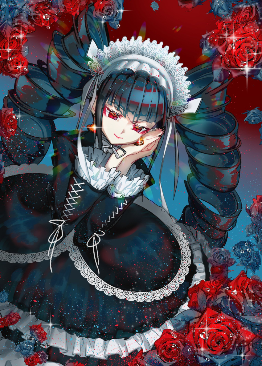 1girl bangs black_nails celestia_ludenberg commentary_request dangan_ronpa:_trigger_happy_havoc dangan_ronpa_(series) dress drill_hair earrings flower frills gothic_lolita hand_on_own_cheek hand_on_own_face highres jewelry lace-trimmed_dress lace_trim layered_dress lolita_fashion long_hair long_sleeves looking_at_viewer nail_polish red_background red_eyes red_flower red_rose rose smile solo sparkle twin_drills twintails wet yomu_(dangan_yomu)