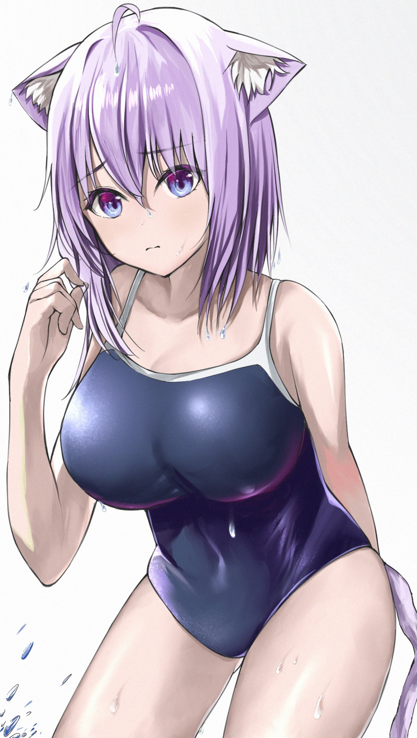 1girl ahoge animal_ear_fluff animal_ears arm_behind_back bangs breasts cat_ears cat_girl cat_tail covered_navel hair_between_eyes hand_in_hair highres hololive large_breasts looking_at_viewer nekomata_okayu purple_hair school_swimsuit shiny shiny_skin shirok4ge short_hair solo swimsuit tail violet_eyes virtual_youtuber wet wet_hair
