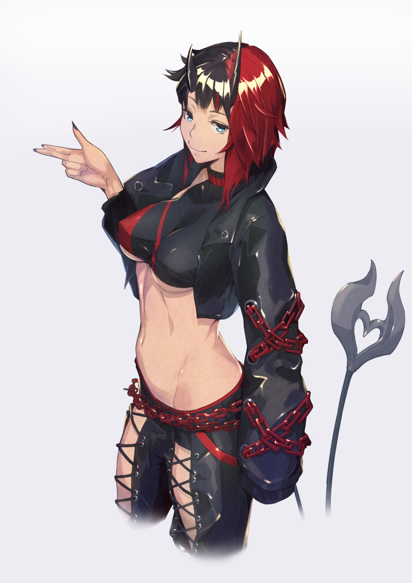 1girl absurdres black_hair black_jacket black_nails black_pants black_shirt blue_eyes breasts chain closed_mouth covered_nipples crop_top cropped_jacket demon_girl demon_tail grey_background halterneck highres horns jacket kikken large_breasts long_sleeves looking_at_viewer multicolored_hair navel oni_horns open_clothes open_jacket pants redhead revealing_clothes ryuugasaki_rene shirt short_hair simple_background sleeves_past_fingers sleeves_past_wrists smile solo stomach sugar_lyric tail tusks two-tone_hair under_boob virtual_youtuber