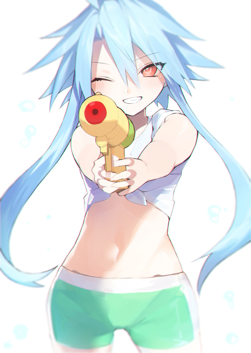 1girl ;d absurdres aiming aiming_at_viewer alternate_costume bare_shoulders blue_hair blush buran_buta casual cowboy_shot green_shorts grin hair_between_eyes happy highres looking_at_viewer midriff navel neptune_(series) one_eye_closed open_mouth pointing pointing_at_viewer power_symbol red_eyes shirt short_hair_with_long_locks shorts smile solo splashing symbol-shaped_pupils tied_shirt water water_gun white_heart white_shirt