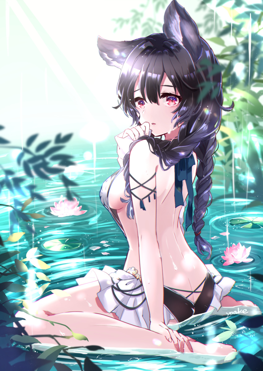 absurdres bangs bare_shoulders barefoot black_hair braid eyebrows flower granblue_fantasy highres lotus nier_(granblue_fantasy) plant red_eyes swimsuit water_surface yoake