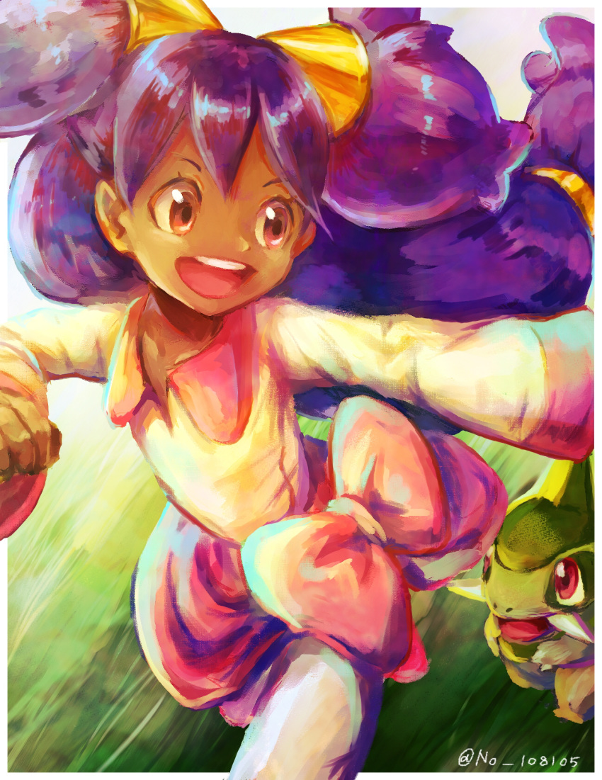 1girl axew bangs big_hair border bow brown_eyes commentary_request dark_skin eyelashes gen_5_pokemon highres iris_(pokemon) long_hair looking_back no_108105 open_mouth outside_border outstretched_arm pink_bow pokemon pokemon_(creature) pokemon_(game) pokemon_bw purple_hair running size_difference smile teeth tied_hair tongue upper_teeth very_long_hair watermark