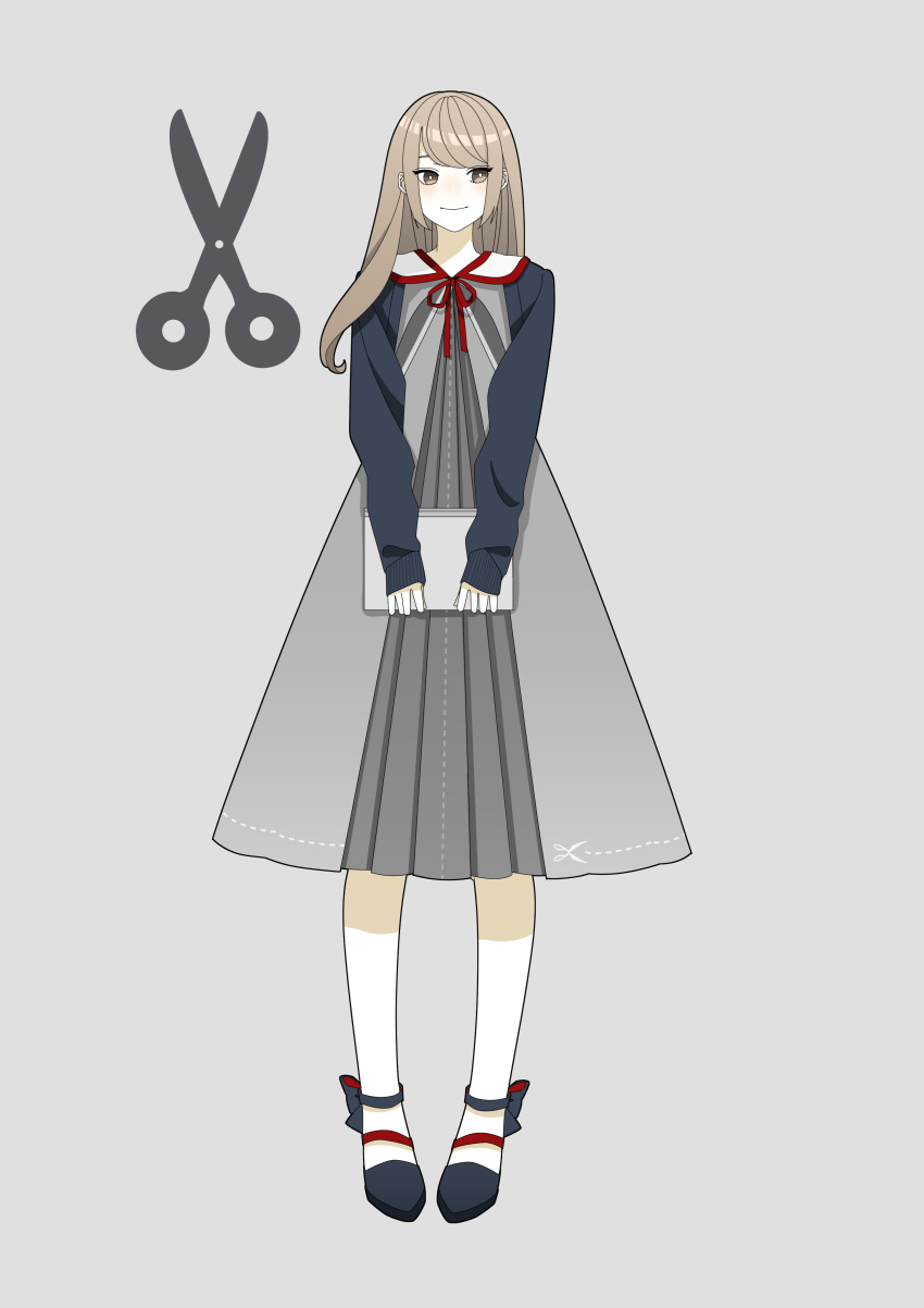 1girl absurdres black_footwear blush book brown_eyes brown_hair closed_mouth dress eyes_visible_through_hair grey_background grey_dress hanatsuki highres holding holding_book long_hair original personification red_neckwear red_ribbon ribbon scissors simple_background smile solo