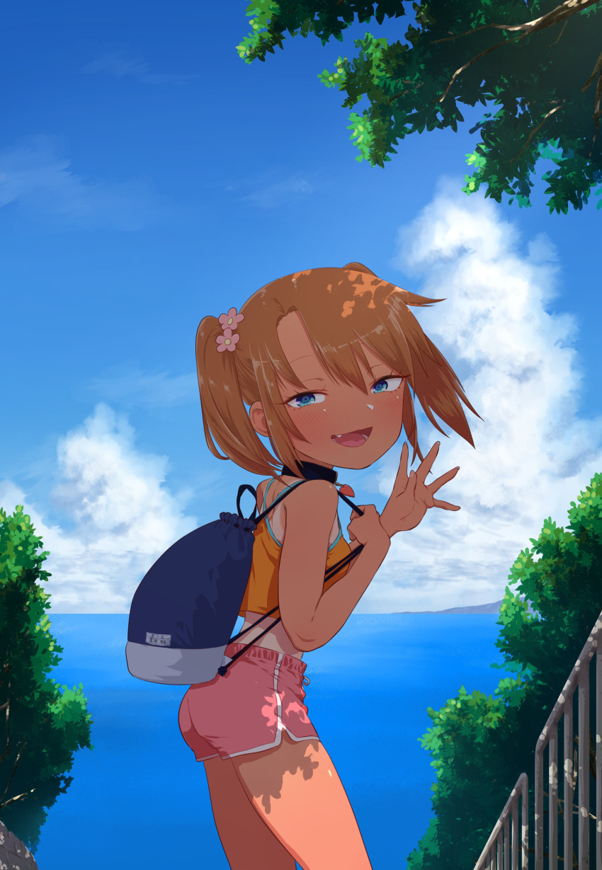 1girl absurdres backpack bag blue_eyes blush brown_hair camisole child coffee-milk-moumou collar commentary day fang flower hair_flower hair_ornament highres looking_at_viewer name_tag ocean original outdoors shade short_shorts shorts sky solo spread_fingers tan tanline twintails waving yuma_(coffee-milk-moumou)