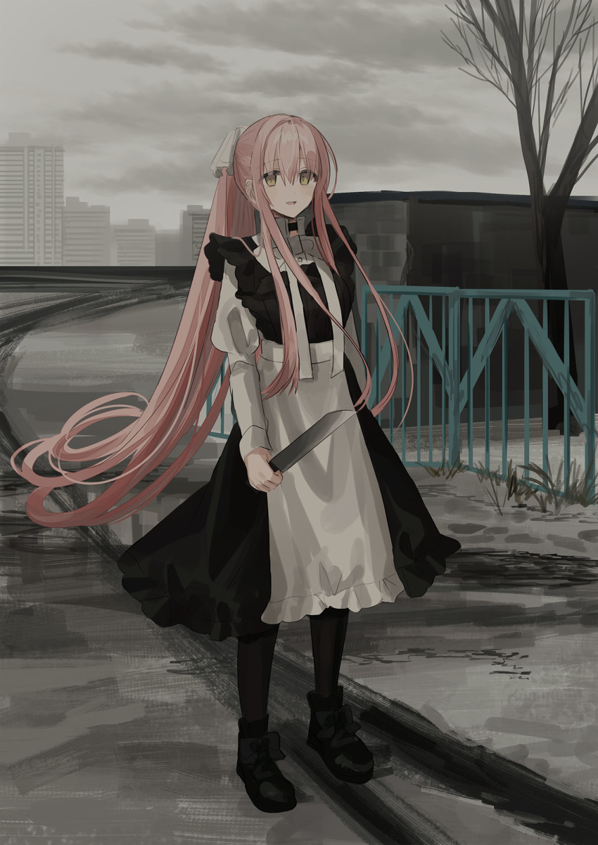 1girl apron bangs bare_tree black_bow black_dress black_footwear black_legwear boots bow brown_eyes building chihuri clouds cloudy_sky commentary_request day dress eyebrows_visible_through_hair fence frilled_apron frills full_body hair_between_eyes hair_ribbon highres holding holding_knife juliet_sleeves knife long_hair long_sleeves looking_at_viewer original outdoors overcast pantyhose parted_lips pink_hair ponytail puffy_sleeves ribbon shirt sky sleeveless sleeveless_dress smile snow solo standing tree very_long_hair waist_apron white_apron white_bow white_ribbon white_shirt yana_(chihuri)