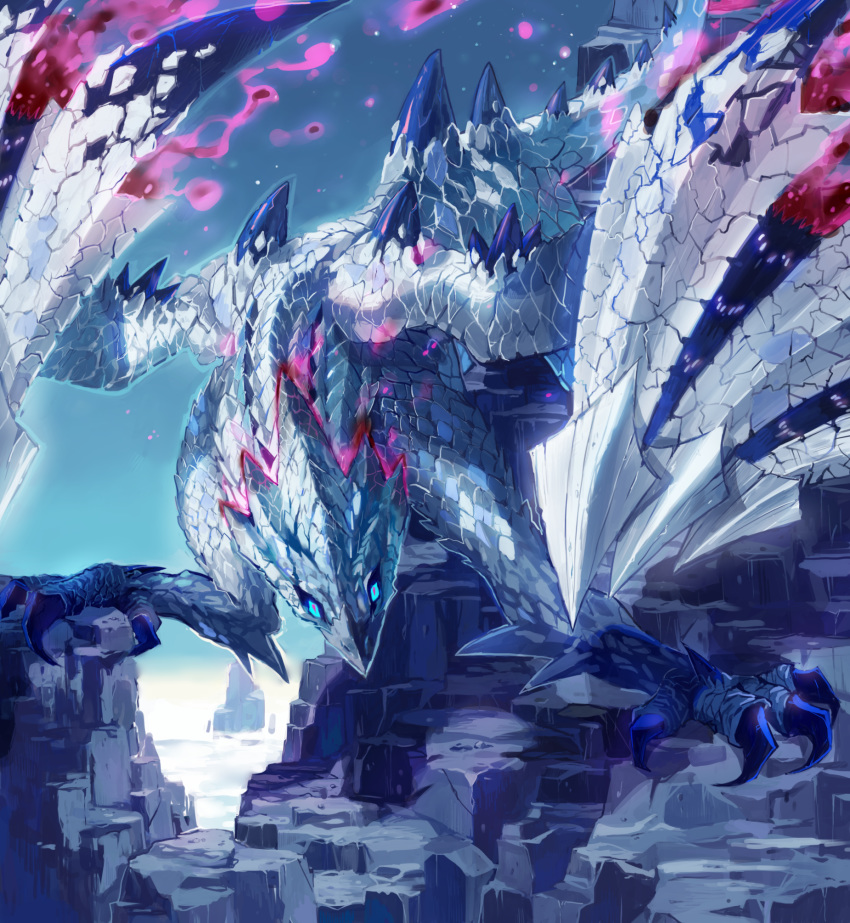 aisutabetao blue_sky claws clouds dragon dragon_tail dragon_wings energy highres monster_hunter monster_hunter_xx mountain no_humans sky tail valstrax wings