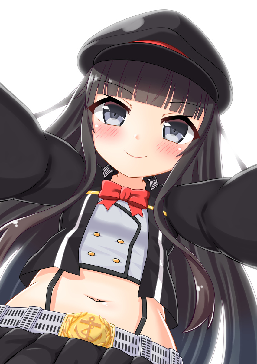 1girl absurdres anchor_symbol azur_lane bangs black_hair black_jacket black_skirt blue_eyes blunt_bangs blush bow breasts buttons commentary_request crop_top cropped_jacket double-breasted eyebrows_visible_through_hair hat highres jacket long_hair long_sleeves looking_at_viewer midriff navel oozeki_(v-necker) open_clothes open_jacket peaked_cap pleated_skirt red_bow sidelocks simple_background skirt small_breasts smile solo suspender_skirt suspenders upper_body very_long_hair white_background z19_hermann_kunne_(azur_lane)