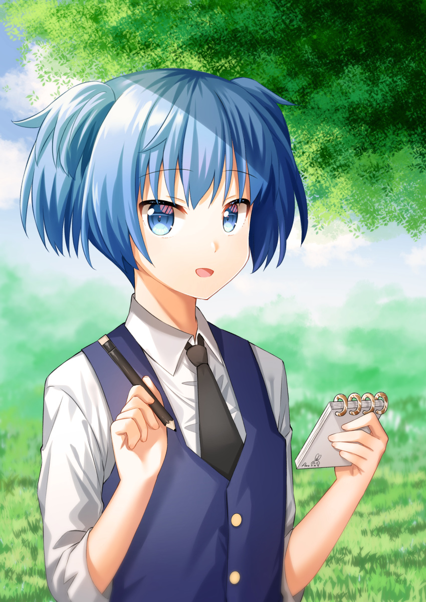 1boy :d absurdres ansatsu_kyoushitsu aro_1801 bangs black_neckwear blue_eyes blue_hair blush collared_shirt commentary_request day eyebrows_visible_through_hair grass hands_up highres holding holding_notebook holding_pencil kunugigaoka_middle_school_uniform long_sleeves looking_at_viewer male_focus necktie notebook open_mouth otoko_no_ko outdoors pencil school_uniform shiota_nagisa shirt short_hair short_twintails smile solo twintails two_side_up upper_body white_shirt wing_collar
