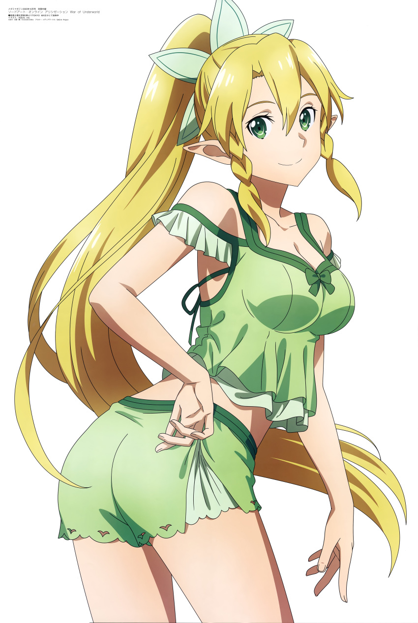 1girl absurdres artist_request bare_arms bare_legs bare_shoulders blonde_hair braid breasts green_eyes highres large_breasts leafa long_hair looking_at_viewer looking_back megami pajamas pointy_ears ponytail shorts sword_art_online sword_art_online:_alicization twin_braids very_long_hair white_background