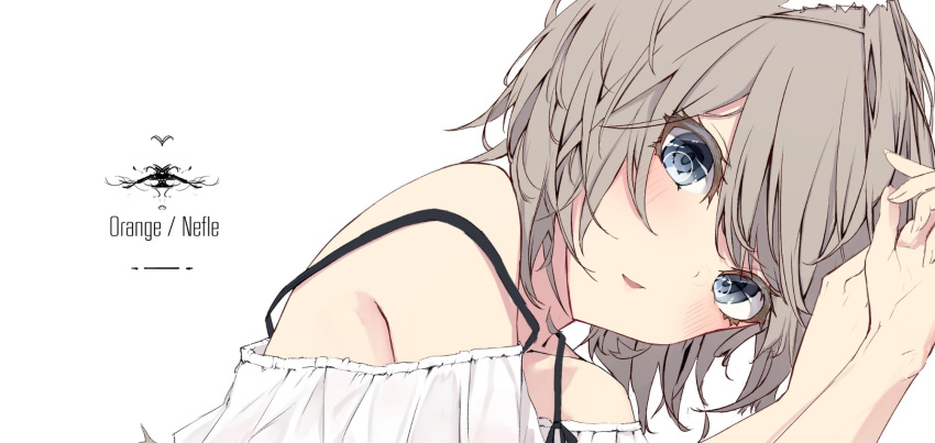 1girl animal_ear_fluff arms_up bangs bare_shoulders blue_eyes blush eyebrows_visible_through_hair grey_hair hair_between_eyes highres looking_at_viewer mayogii off_shoulder original parted_lips simple_background solo white_background