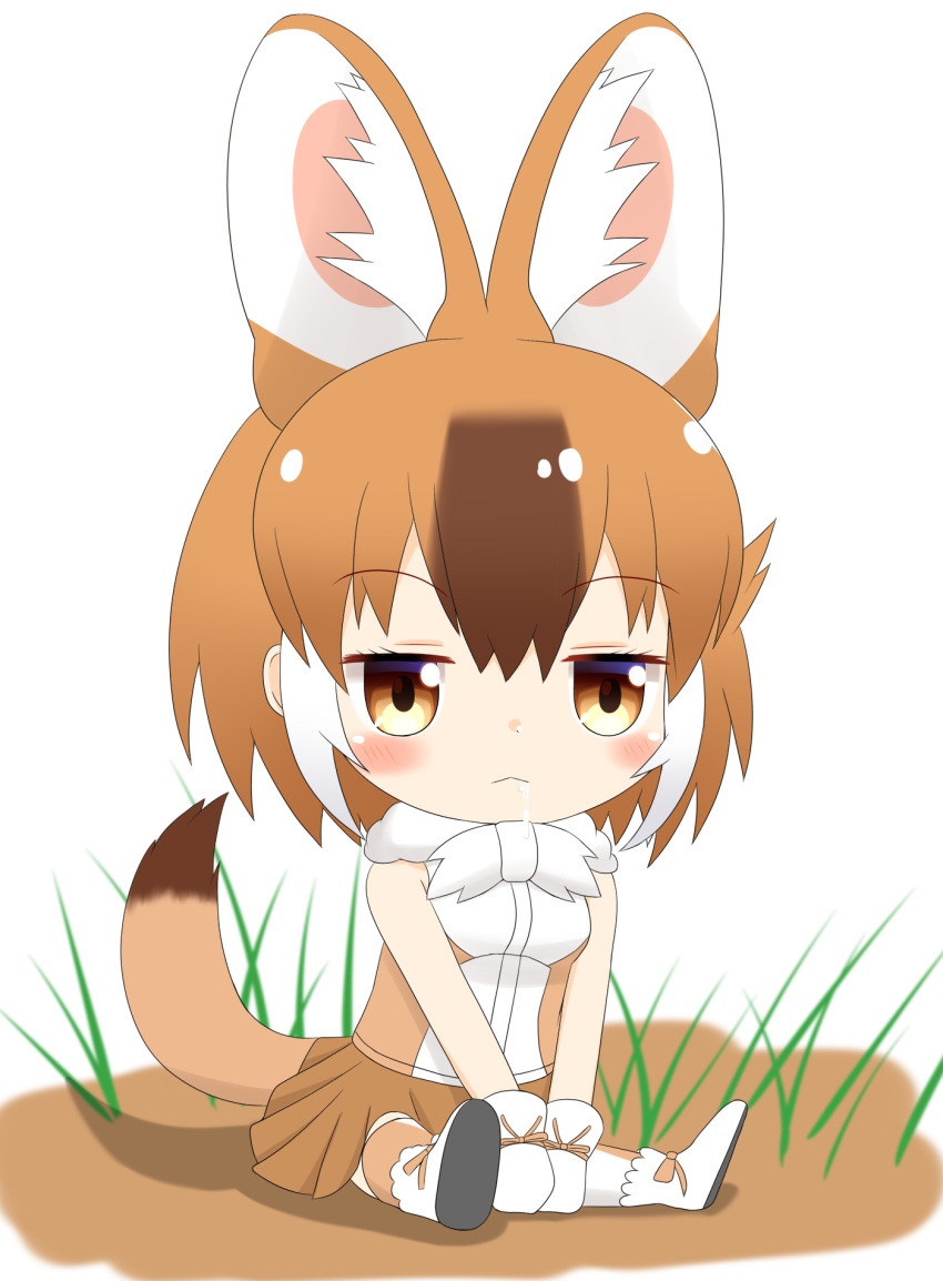 1girl animal_ear_fluff animal_ears bangs bare_shoulders blush boots breasts brown_eyes brown_hair brown_legwear brown_skirt chibi closed_mouth commentary_request dhole_(kemono_friends) drooling eyebrows_visible_through_hair full_body gloves hair_between_eyes highres kemono_friends multicolored_hair pleated_skirt saliva shin01571 shirt shoe_soles sitting skirt sleeveless sleeveless_shirt small_breasts solo tail tail_raised thigh-highs two-tone_hair white_background white_footwear white_gloves white_hair white_shirt