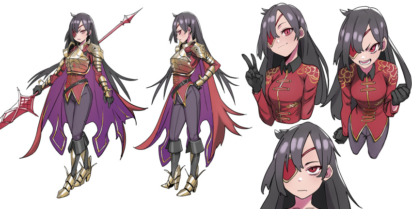 1girl absurdres armor black_hair breastplate commentary commission english_commentary eyepatch full_body gloves high_heels highres holding holding_spear holding_weapon kiritzuguart long_hair looking_at_viewer multiple_views open_mouth original pants polearm red_eyes shoulder_armor simple_background smile spear standing teeth tongue v weapon white_background
