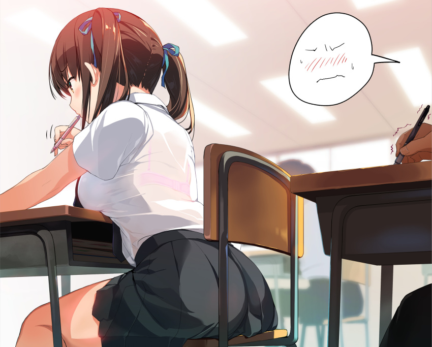 1girl 2boys abarerumidori bra_through_clothes breasts brown_hair commentary_request desk eyebrows_visible_through_hair highres large_breasts multiple_boys original pen school_desk school_uniform see-through short_sleeves sitting skirt speech_bubble twintails