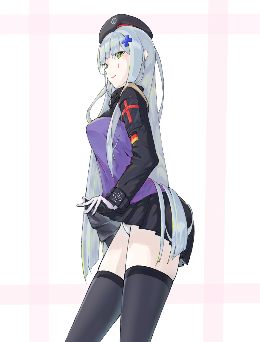 1girl absurdres bangs beret black_legwear black_skirt blue_hair breasts eyebrows_visible_through_hair girls_frontline gloves green_eyes hand_on_back hat highres hk416_(girls_frontline) jacket long_hair looking_at_viewer military panties simple_background skirt skirt_lift solo thigh-highs thighs underwear white_gloves white_panties yueyue_no_hand