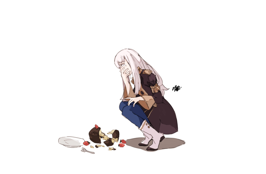 1girl blue_legwear cake crying crying_with_eyes_open fire_emblem fire_emblem:_three_houses food fork from_side fruit garreg_mach_monastery_uniform highres long_hair long_sleeves lysithea_von_ordelia plate sakuremi simple_background solo squatting strawberry tears uniform white_background white_hair