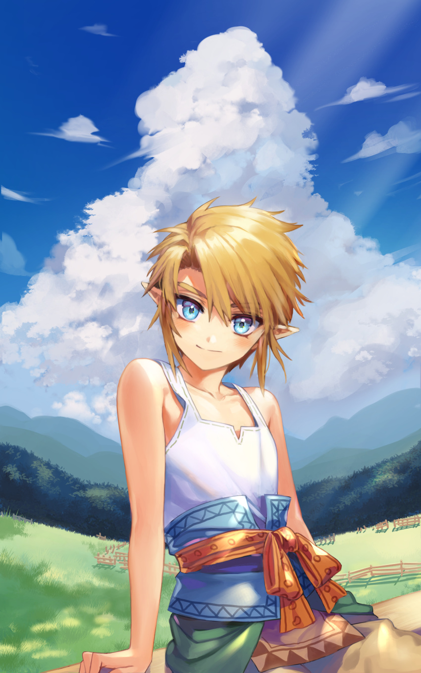 1boy absurdres arm_support bangs bare_arms bare_shoulders blonde_hair blue_eyes blush child closed_mouth clouds day fence highres link male_focus meadow nature ninto pointy_ears sash sidelocks sitting sky sleeveless smile solo swept_bangs the_legend_of_zelda the_legend_of_zelda:_twilight_princess upper_body