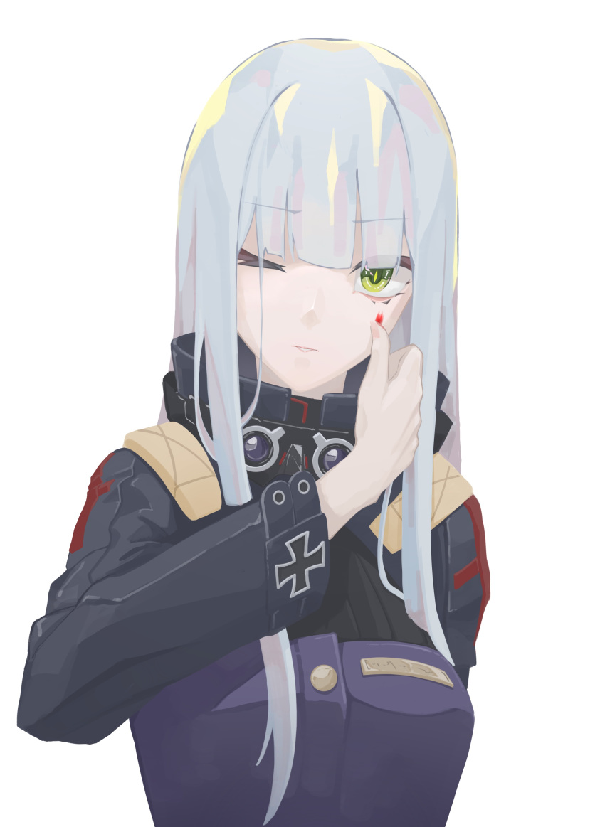 1girl absurdres blood blood_on_face blue_hair closed_mouth cross eyebrows_visible_through_hair finger_to_face girls_frontline green_eyes hair_between_eyes highres hk416_(girls_frontline) long_hair looking_at_viewer military military_uniform no_gloves one_eye_closed solo uniform white_background yueyue_no_hand