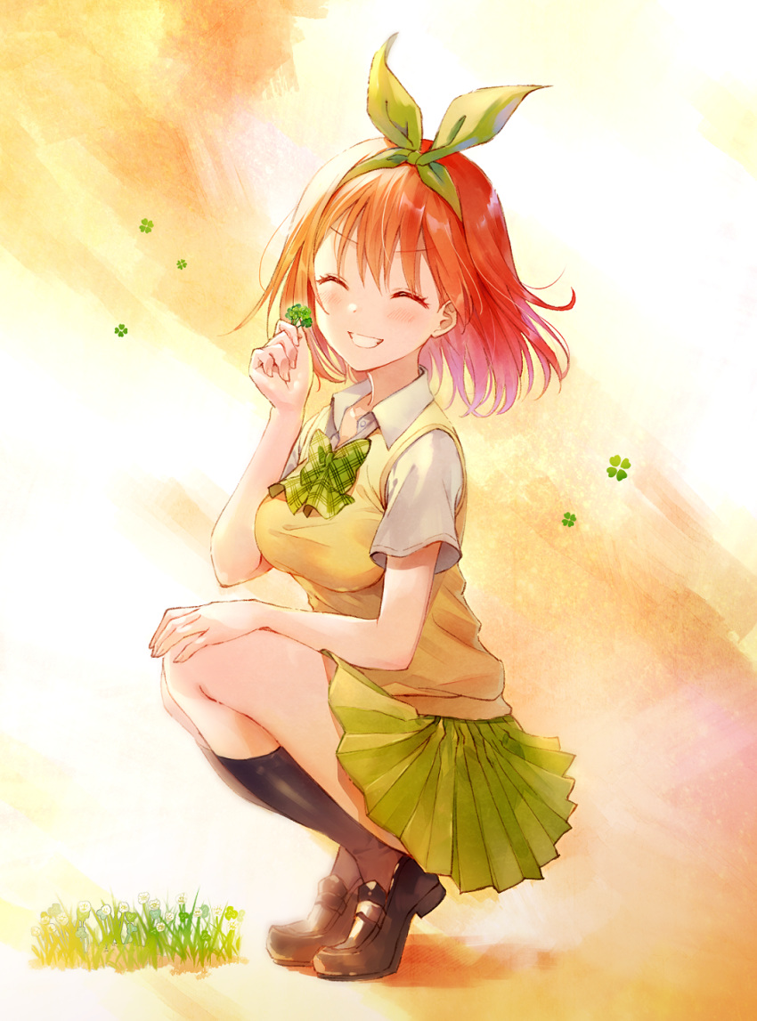 1girl bangs bini black_footwear black_legwear bow bow_hairband closed_eyes collared_shirt facing_viewer from_side full_body go-toubun_no_hanayome green_bow green_hairband green_skirt grin hair_between_eyes hair_bow hairband highres kneehighs loafers medium_hair miniskirt nakano_yotsuba orange_hair pleated_skirt school_uniform shiny shiny_hair shirt shoes short_sleeves skirt smile solo squatting sweater sweater_vest white_shirt wing_collar yellow_sweater