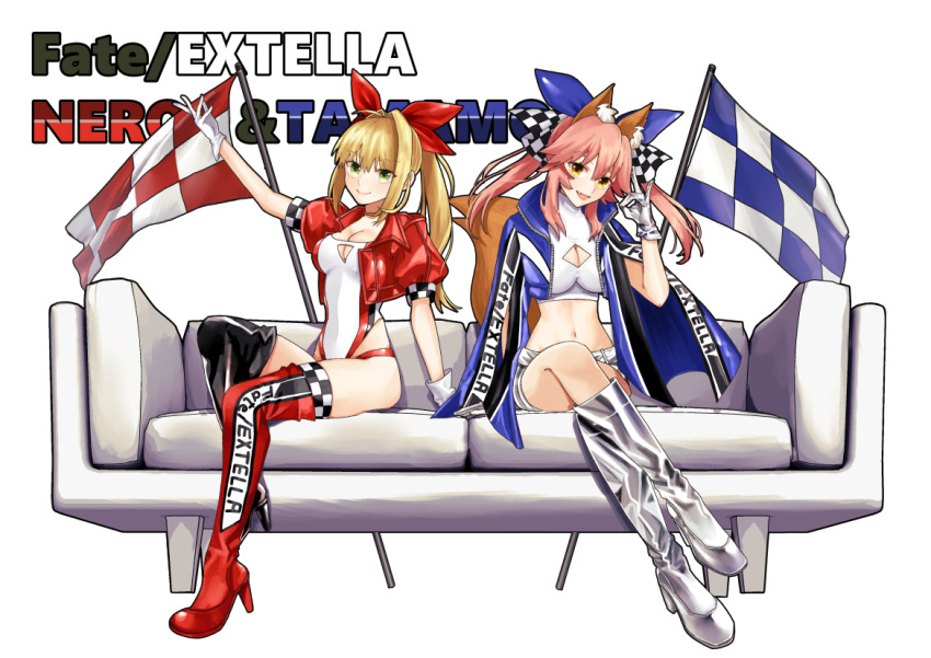 2girls ahoge animal_ear_fluff animal_ears black_footwear blonde_hair blue_bow blue_jacket boots bow breasts cleavage_cutout couch fate/extella fate/extra fate_(series) fox_ears fox_girl fox_shadow_puppet fox_tail gloves green_eyes hair_bow hair_intakes high_heel_boots high_heels jacket jacket_on_shoulders large_breasts leotard long_hair merokonbu0 midriff mismatched_footwear multiple_girls nero_claudius_(fate) nero_claudius_(fate)_(all) pink_hair ponytail racequeen red_bow red_footwear red_jacket short_sleeves shorts sitting tail tamamo_(fate)_(all) tamamo_no_mae_(fate) thigh-highs thigh_boots white_background white_footwear white_gloves white_leotard white_shorts yellow_eyes