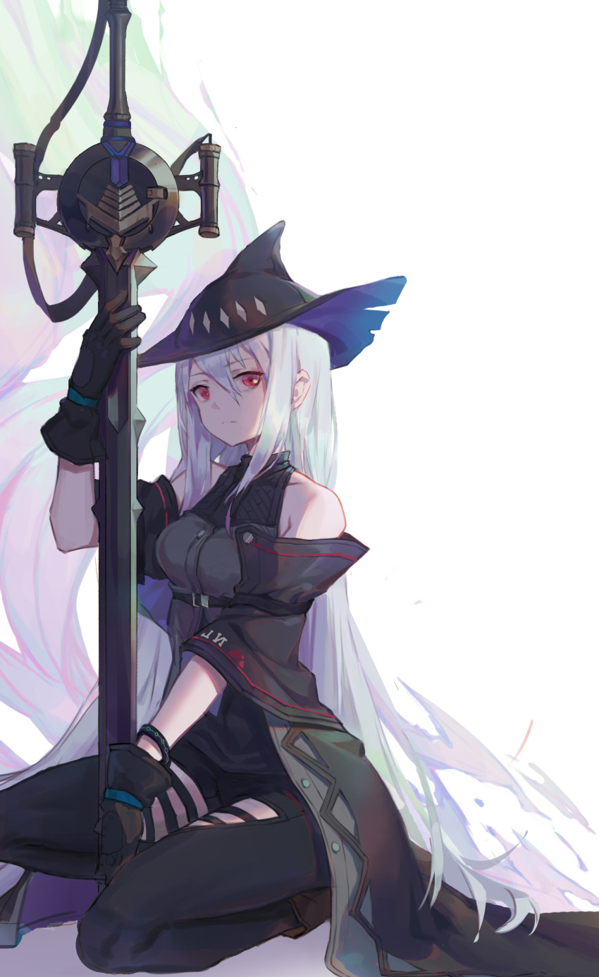 1girl arknights bare_shoulders black_gloves black_headwear bracelet breasts closed_mouth collarbone covered_collarbone eyebrows_visible_through_hair gloves hair_between_eyes highres holding holding_sword holding_weapon hong_yu jewelry kneeling looking_at_viewer planted planted_sword planted_weapon red_eyes silver_hair skadi_(arknights) solo sword turtleneck weapon white_background