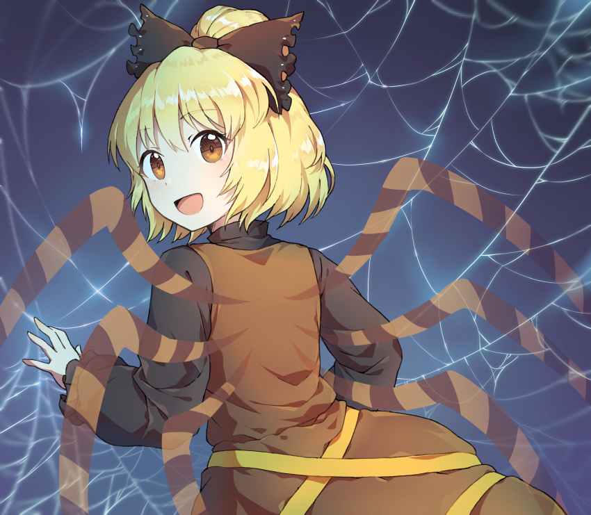 1girl :d bangs black_bow black_shirt blonde_hair blue_background blush bow brown_dress brown_eyes caramell0501 dress eyebrows_visible_through_hair from_below hair_between_eyes hair_bow high_ponytail highres kurodani_yamame long_sleeves looking_at_viewer looking_back open_mouth ponytail puffy_long_sleeves puffy_sleeves shirt short_hair silk sleeveless sleeveless_dress smile solo spider_legs spider_web touhou
