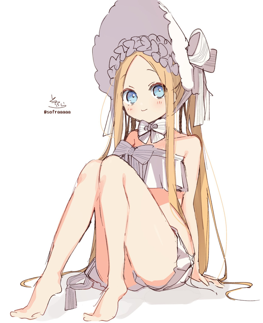 1girl abigail_williams_(fate/grand_order) abigail_williams_(swimsuit_foreigner)_(fate) bangs bare_arms bare_legs bare_shoulders barefoot bikini blonde_hair blue_eyes blush bonnet bow closed_mouth eyebrows_visible_through_hair fate/grand_order fate_(series) forehead full_body hair_bow highres knees_together_feet_apart knees_up long_hair looking_at_viewer parted_bangs shadow signature sitting sofra solo strapless strapless_bikini striped striped_bow swimsuit twintails twitter_username very_long_hair white_background white_bikini white_bow white_headwear