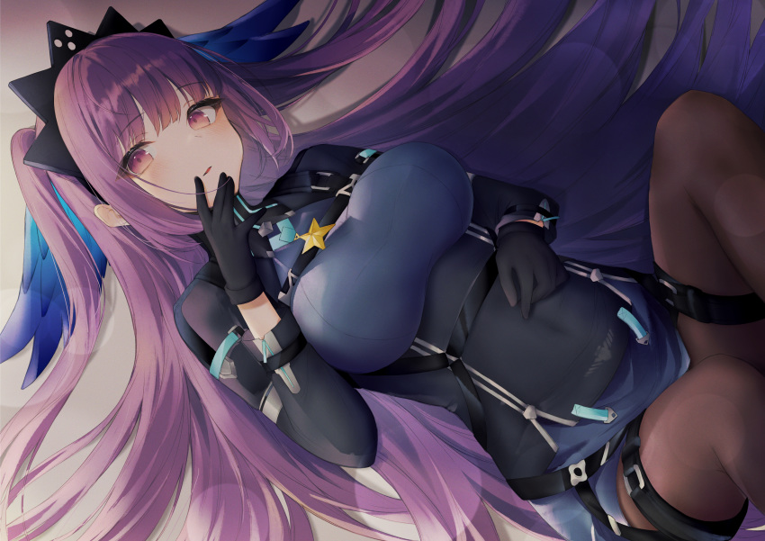 1girl absurdres ash_arms bangs black_gloves black_legwear blue_dress blue_hair breasts covered_navel dress eyebrows_visible_through_hair fusuma_(ramunezake) gloves gradient_hair hand_to_own_mouth head_wings headgear high_collar highres huge_filesize legs_up liberator_(ash_arms) long_hair long_sleeves looking_at_viewer lying medium_breasts microdress multicolored_hair on_back pantyhose parted_lips purple_hair solo star_(symbol) thigh_strap two_side_up violet_eyes zipper
