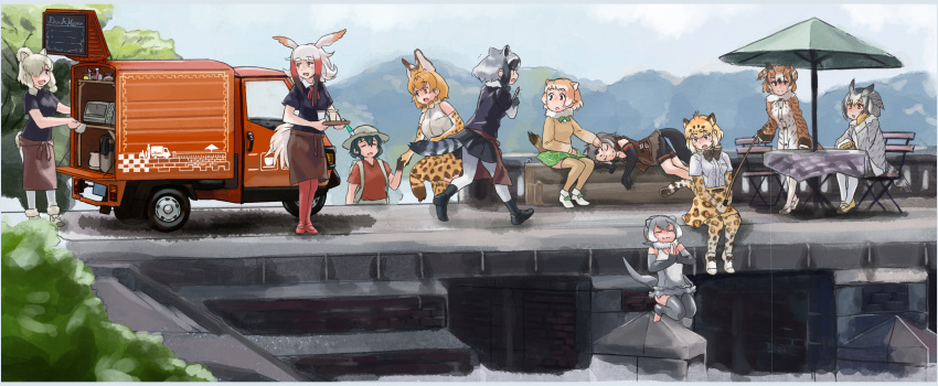 6+girls :d :o absurdres alpaca_ears alpaca_suri_(kemono_friends) alpaca_tail alternate_costume american_beaver_(kemono_friends) animal_ears animal_print apron arm_rest beaver_ears beaver_tail bike_shorts bike_shorts_under_shorts bird_tail bird_wings black-tailed_prairie_dog_(kemono_friends) black_hair blonde_hair bow bowtie brown_coat brown_hair chair closed_eyes closed_mouth coat common_raccoon_(kemono_friends) contemporary cup day elbow_gloves eurasian_eagle_owl_(kemono_friends) extra_ears fang fishing fishing_line fishing_rod flipped_hair flying_sweatdrops fur_collar gloves grey_coat grey_hair ground_vehicle hair_between_eyes hair_bun hand_on_own_cheek head_rest head_wings helmet high-waist_skirt highres holding holding_cup holding_fishing_rod holding_hands holding_tray jaguar_(kemono_friends) jaguar_ears jaguar_print jaguar_tail japanese_crested_ibis_(kemono_friends) jumping kaban_(kemono_friends) kemono_friends light_brown_hair long_hair long_sleeves looking_at_another lying medium_hair motor_vehicle multicolored_hair multiple_girls northern_white-faced_owl_(kemono_friends) on_side open_mouth otter_ears otter_tail outdoors owl_ears own_hands_together pantyhose pith_helmet prairie_dog_ears prairie_dog_tail print_bow print_gloves print_legwear print_skirt raccoon_ears raccoon_tail red_shirt redhead running serval_(kemono_friends) serval_ears serval_print serval_tail shirt shoes short_hair short_sleeves shorts shorts_under_shorts sidelocks sitting skirt small-clawed_otter_(kemono_friends) smile standing sweater swimsuit table tail thigh-highs toeless_legwear toriny tray umbrella vest waist_apron waitress white_hair wings yellow_eyes |3