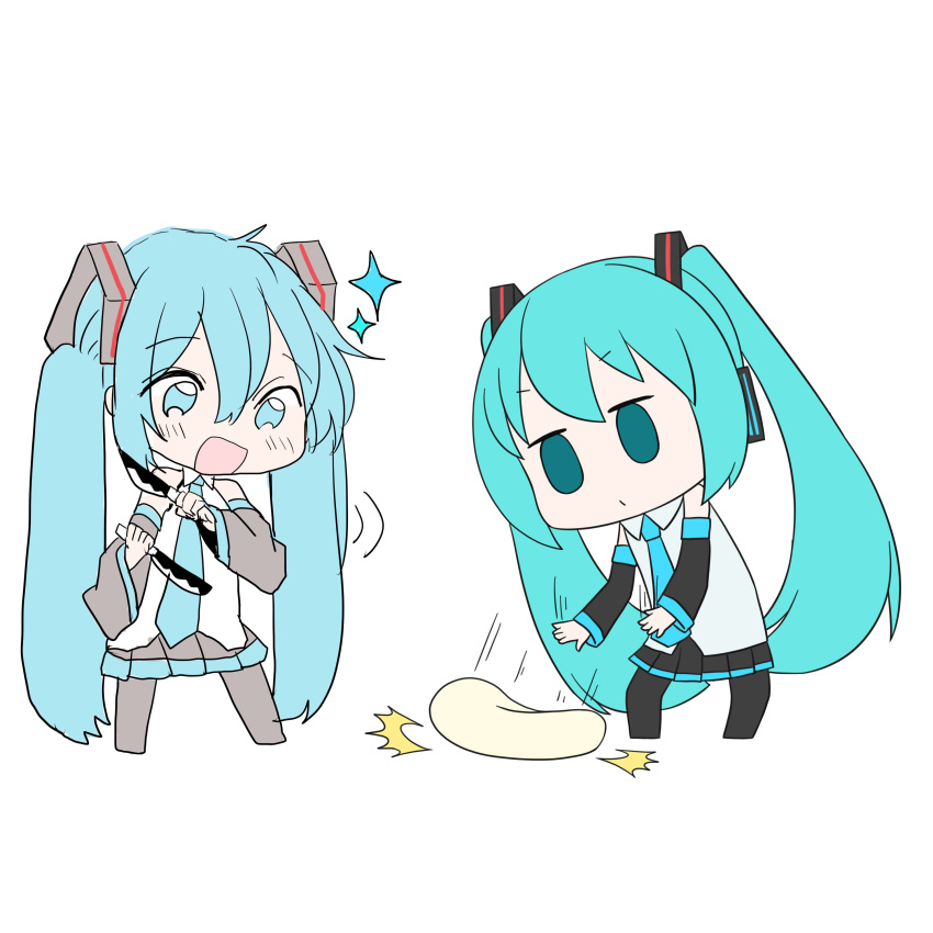 2girls absurdres aqua_eyes aqua_hair aqua_neckwear bare_shoulders black_legwear black_skirt black_sleeves chibi collaboration detached_sleeves dough dual_persona dual_wielding empty_eyes full_body hair_ornament hatsune_miku headphones highres holding knife long_hair miniskirt multiple_girls necktie open_mouth pleated_skirt shirt skirt sleeveless sleeveless_shirt smile sparkle thigh-highs throwing twintails very_long_hair vocaloid white_background white_shirt xxxx_saki yuta1147