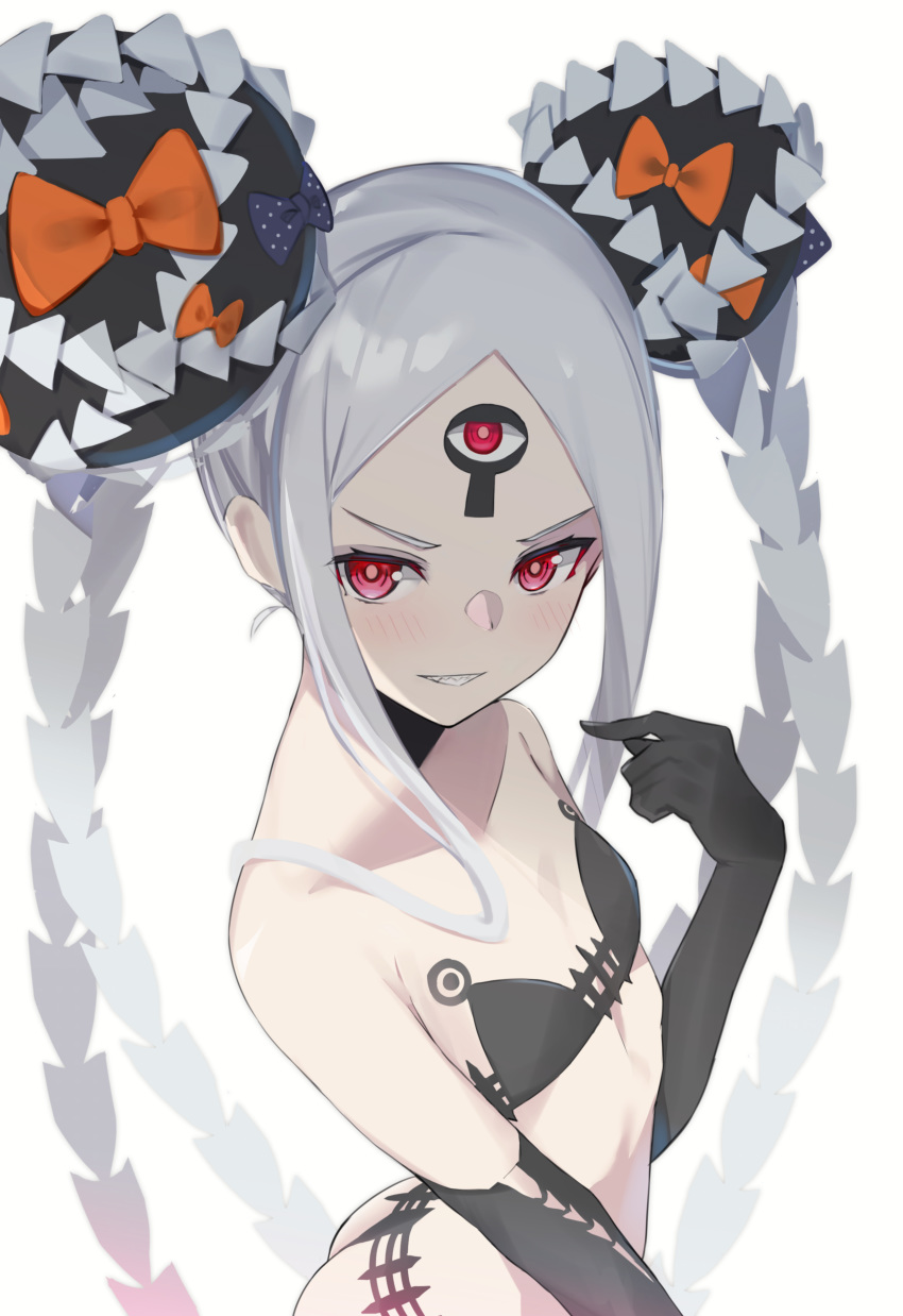 1girl abigail_williams_(fate/grand_order) abigail_williams_(swimsuit_foreigner)_(fate) absurdres ass bangs bare_shoulders bee_doushi bikini black_bikini black_bow bow breasts collarbone double_bun fate/grand_order fate_(series) forehead grin highres keyhole long_hair looking_at_viewer multiple_bows orange_bow parted_bangs red_eyes sidelocks simple_background small_breasts smile swimsuit thighs third_eye very_long_hair white_background white_hair white_skin