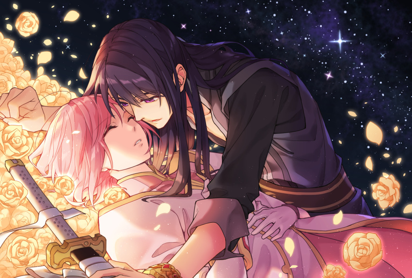 belt black_hair bracelet closed_eyes dress estellise_sidos_heurassein flower gloves highres jewelry leaning_over long_hair open_mouth pink_hair scabbard sheath short_hair starry_background tales_of_(series) tales_of_vesperia tsubsa_syaoin violet_eyes weapon yuri_lowell