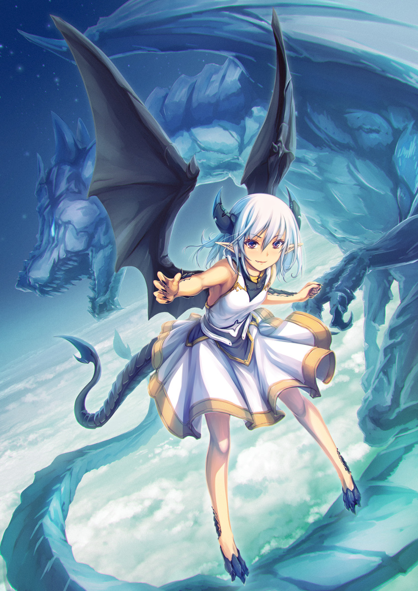 1girl bangs bare_arms black_nails breasts claw_pose clouds commentary_request dragon dragon_girl dragon_horns dragon_tail dragon_wings dress eyebrows_visible_through_hair fang floating hair_between_eyes highres horns looking_at_viewer medium_hair original pointy_ears scales sidelocks silver_hair sleeveless sleeveless_dress small_breasts tail tenmaso violet_eyes white_dress wings