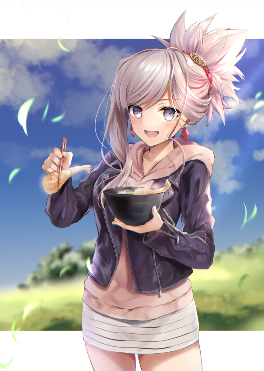 1girl absurdres blush bowl chopsticks clouds collarbone cowboy_shot day earrings eyebrows_visible_through_hair fate/grand_order fate_(series) food hane_yuki highres holding holding_bowl holding_food jacket jewelry long_sleeves looking_at_viewer miyamoto_musashi_(fate/grand_order) open_mouth outdoors ponytail sky solo standing under_the_same_sky