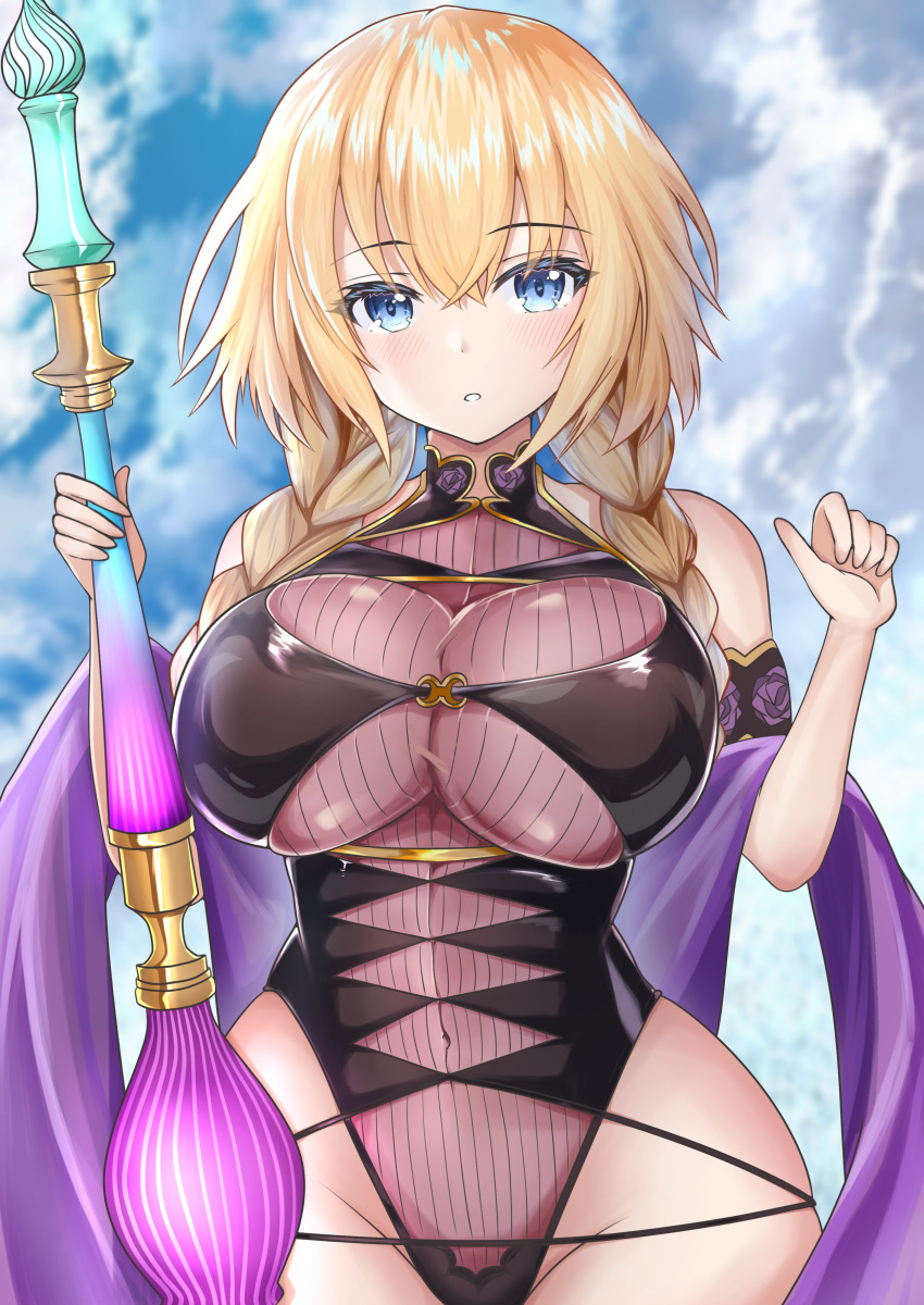 1girl absurdres bare_shoulders blonde_hair blue_eyes blush braid breasts commentary commentary_request cosplay covered_navel eyebrows_visible_through_hair fate/grand_order fate_(series) highres jeanne_d'arc_(fate) jeanne_d'arc_(fate)_(all) large_breasts looking_at_viewer murasaki_shikibu_(fate) murasaki_shikibu_(fate)_(cosplay) murasaki_shikibu_(swimsuit_rider)_(fate) nuts_(hazel-nuts) parted_lips solo swimsuit twin_braids upper_body