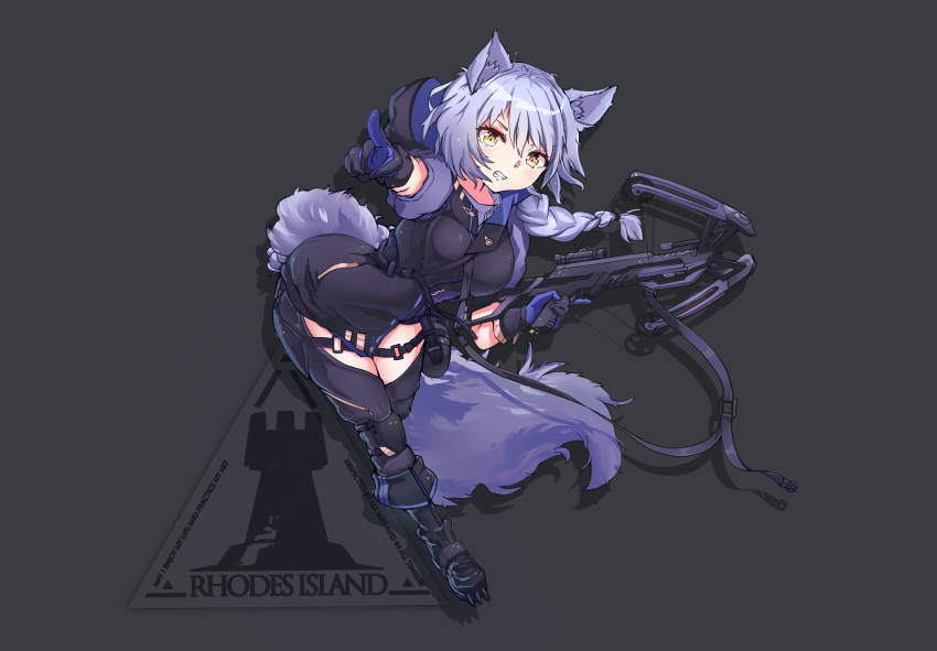 1girl absurdres animal_ears arknights bangs black_footwear boots bow_(weapon) braid breasts commentary crossbow drop_shadow gloves grey_background hair_between_eyes highres holding holding_bow_(weapon) holding_weapon large_breasts long_hair medium_breasts miyu_(miyumausi) pointing provence_(arknights) purple_hair rhodes_island_logo simple_background single_braid solo tail thighs trigger_discipline weapon wolf_ears wolf_tail yellow_eyes