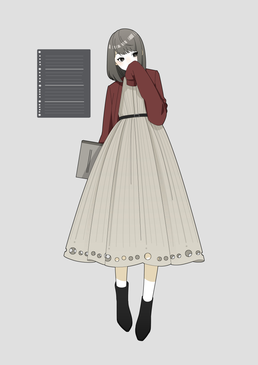 1girl absurdres arm_behind_back belt black_eyes black_footwear black_hair blush book brown_dress covering_mouth dress eyes_visible_through_hair grey_background hanatsuki highres holding holding_book holding_notebook medium_hair notebook original personification simple_background sleeves_past_fingers sleeves_past_wrists solo